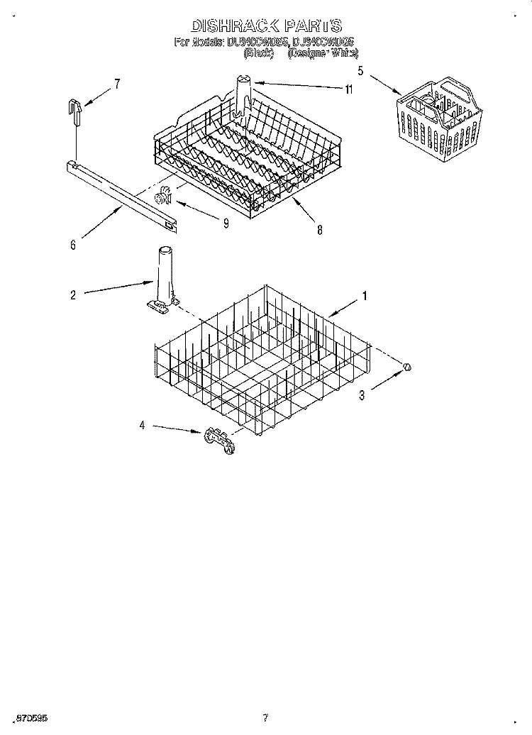 DISHRACK Diagram and Parts List for  Whirlpool Dishwasher