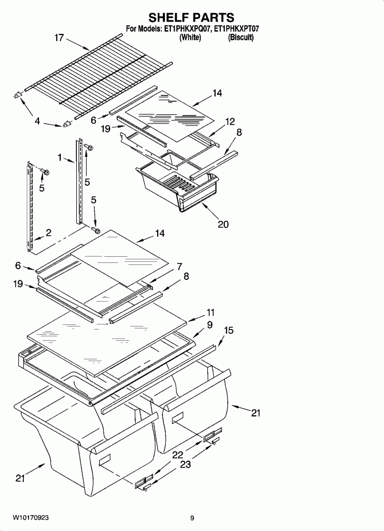 SHELF PARTS, OPTIONAL PARTS (NOT INCLUDED) Diagram and Parts List for ET1PHKXPT07  Whirlpool Refrigerator