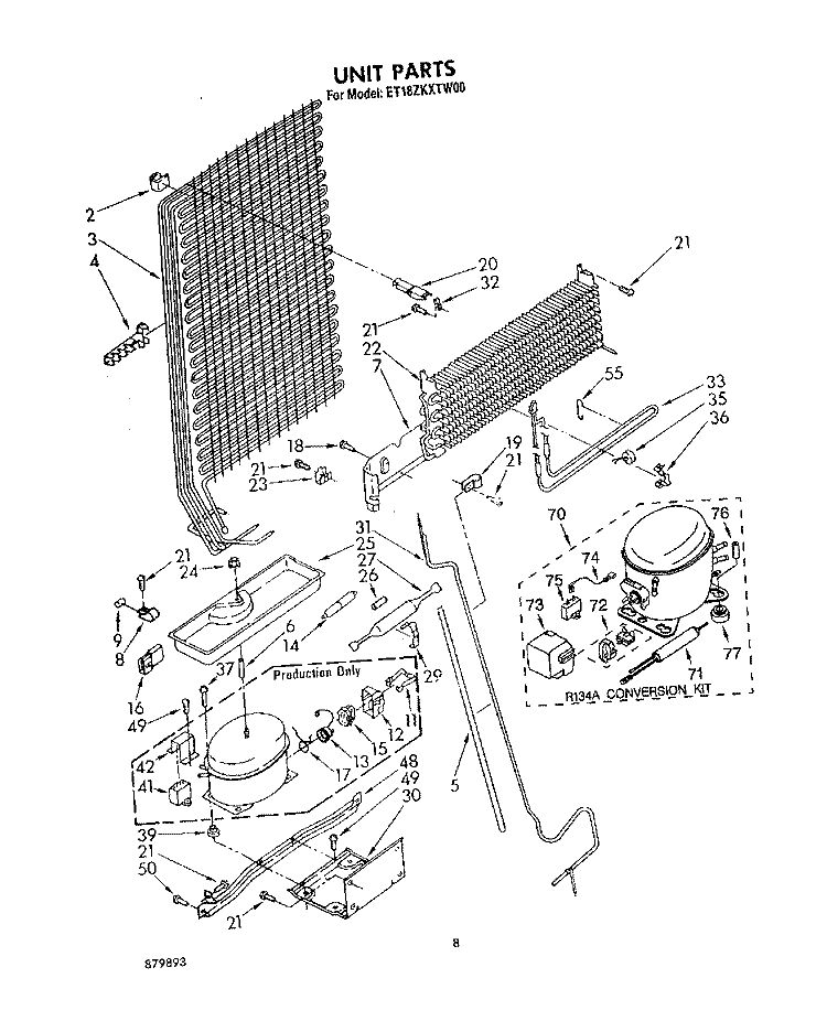 UNIT Diagram and Parts List for ET18ZKXTW00  Whirlpool Refrigerator