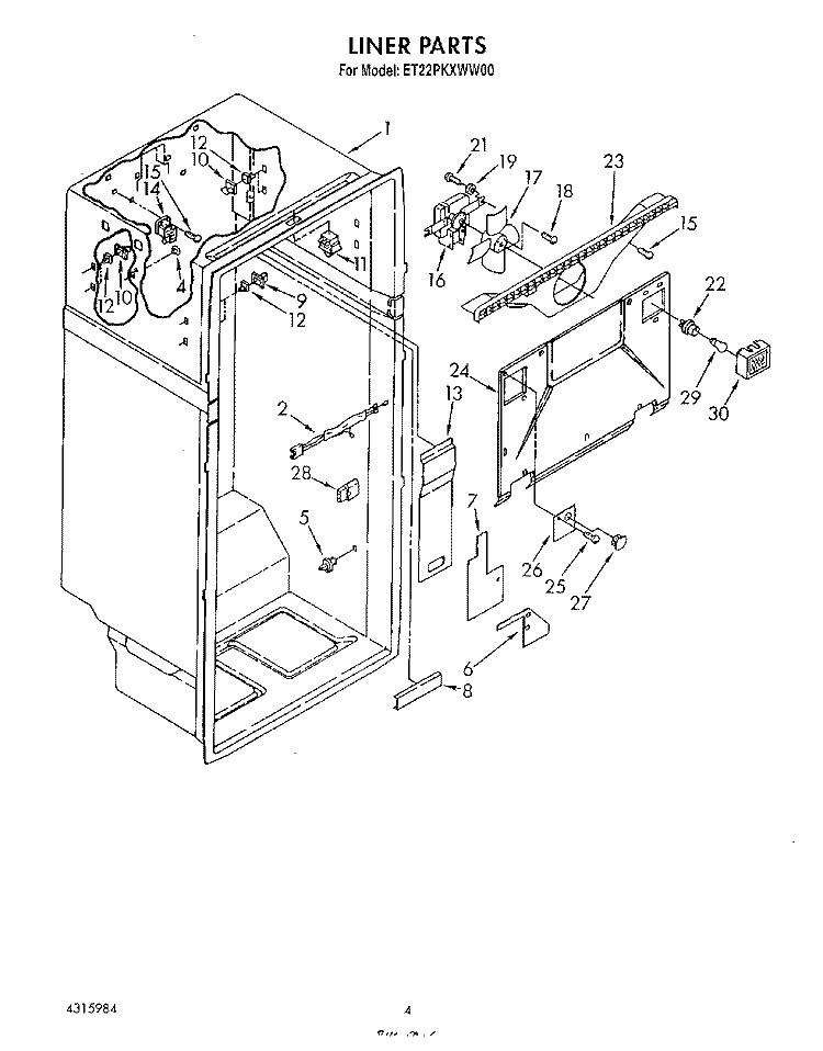 LINER Diagram and Parts List for ET22PKXWN00  Whirlpool Refrigerator
