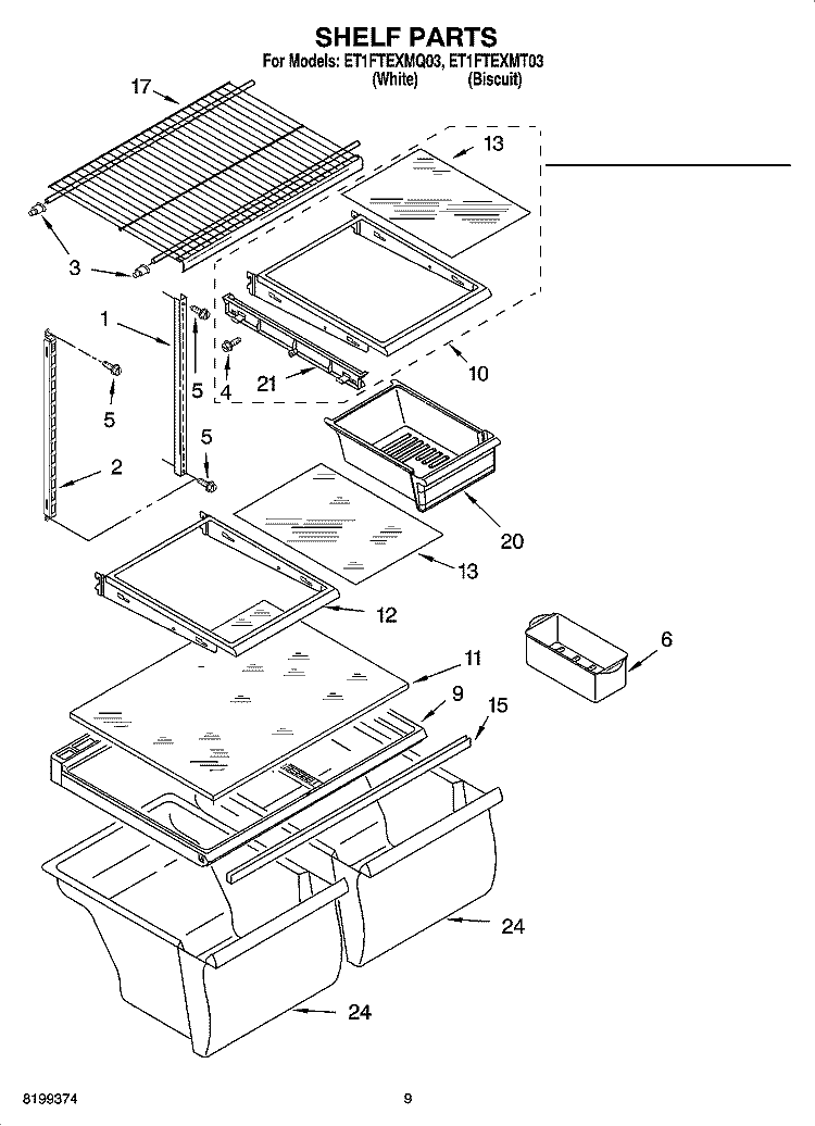 SHELF PARTS, OPTIONAL PARTS Diagram and Parts List for ET1FTEXMT03  Whirlpool Refrigerator