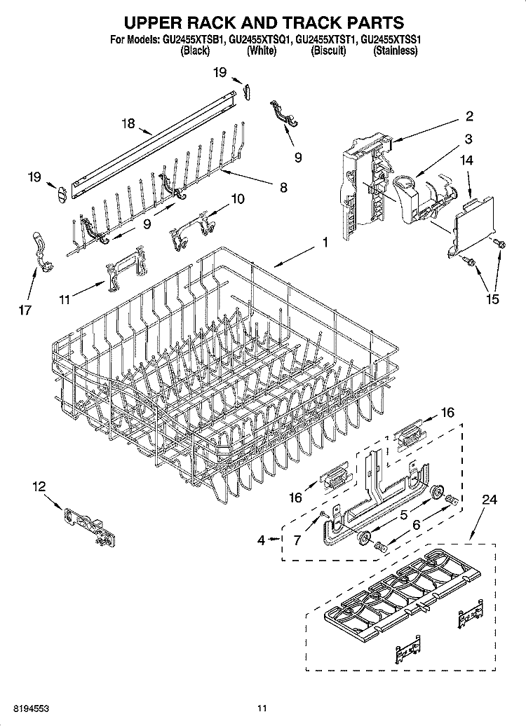 UPPER RACK AND TRACK PARTS Diagram and Parts List for  Whirlpool Dishwasher