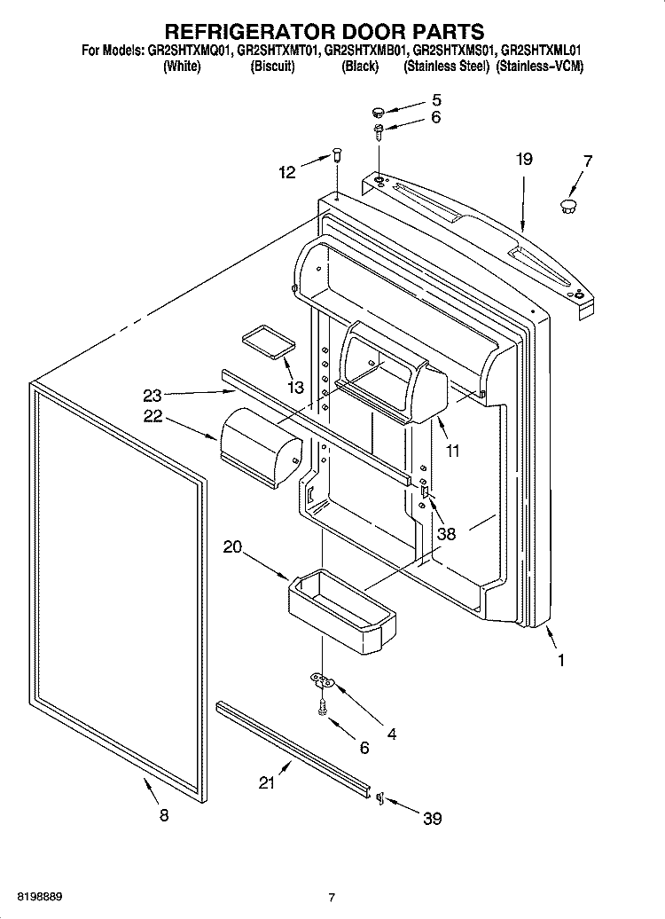 REFRIGERATOR DOOR PARTS Diagram and Parts List for GR2SHTXMB01  Whirlpool Refrigerator