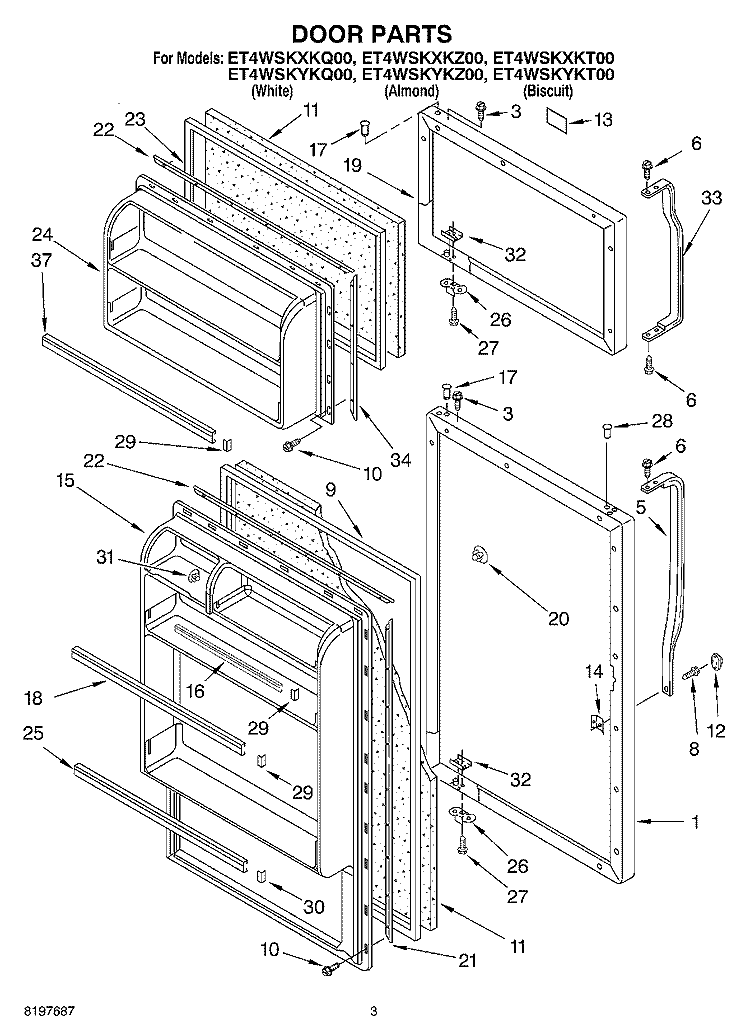 DOOR Diagram and Parts List for ET4WSKYKT00  Whirlpool Refrigerator