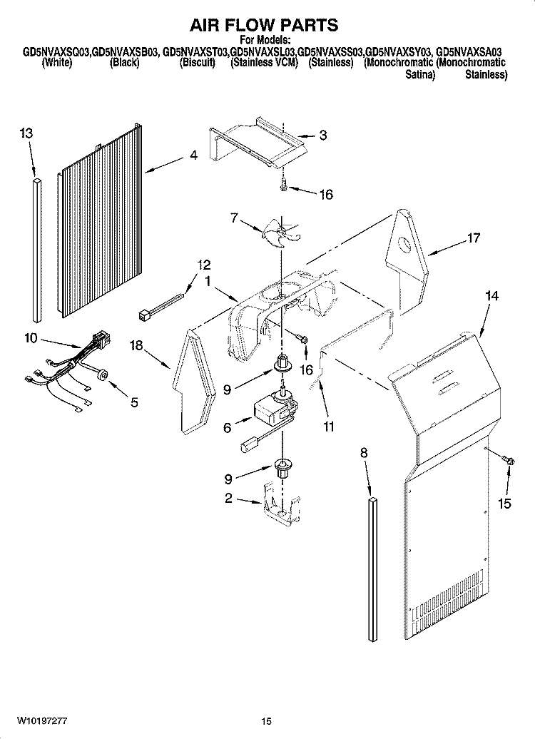 AIR FLOW PARTS Diagram and Parts List for GD5NVAXST03  Whirlpool Refrigerator