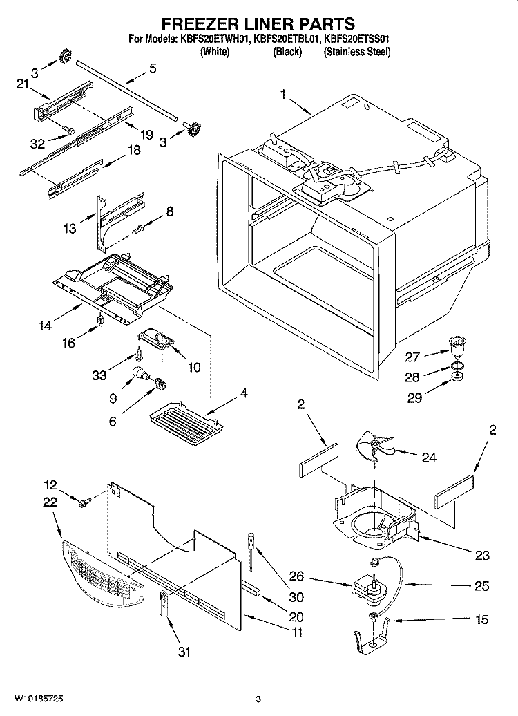 FREEZER LINER PARTS Diagram and Parts List for  KitchenAid Refrigerator