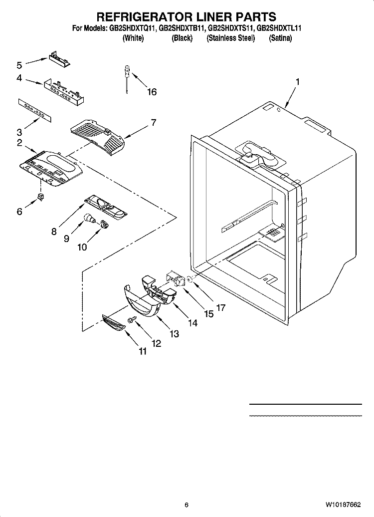 REFRIGERATOR LINER PARTS Diagram and Parts List for GB2SHDXTQ11  Whirlpool Refrigerator