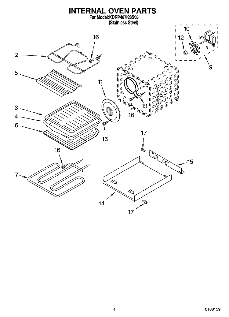INTERNAL OVEN PARTS Diagram and Parts List for  KitchenAid Range