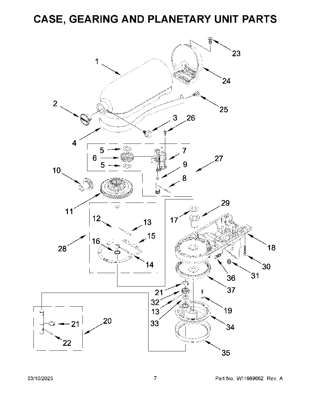 Case, Gearing And Planetary Unit Parts Diagram and Parts List for  KitchenAid Mixer