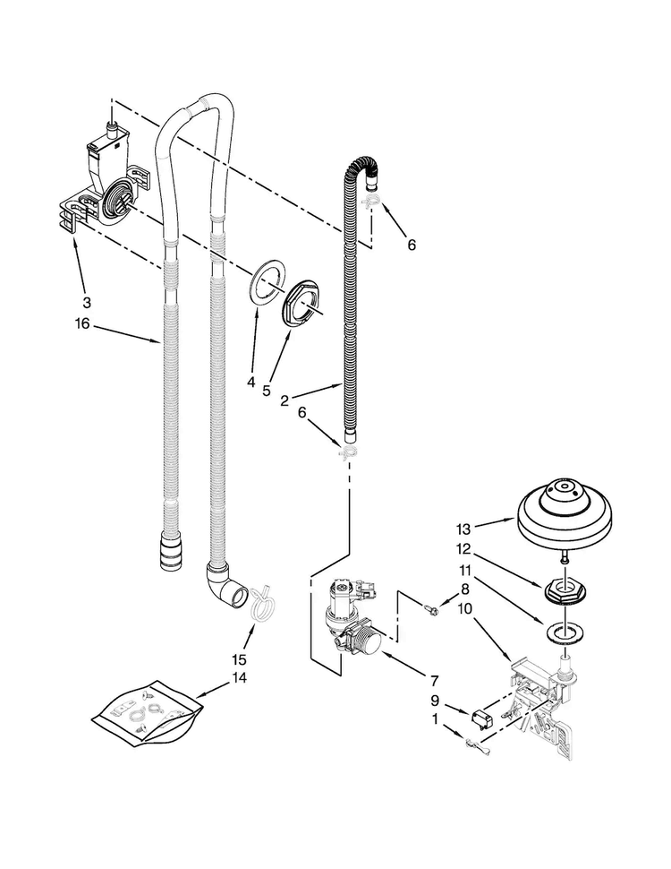 Fill, Drain And Overfill Parts Diagram and Parts List for  KitchenAid Dishwasher