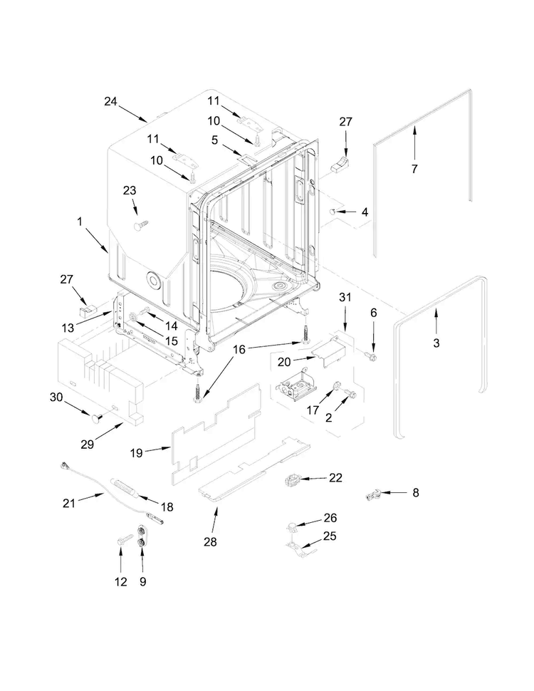 Tub And Frame Parts Diagram and Parts List for  KitchenAid Dishwasher