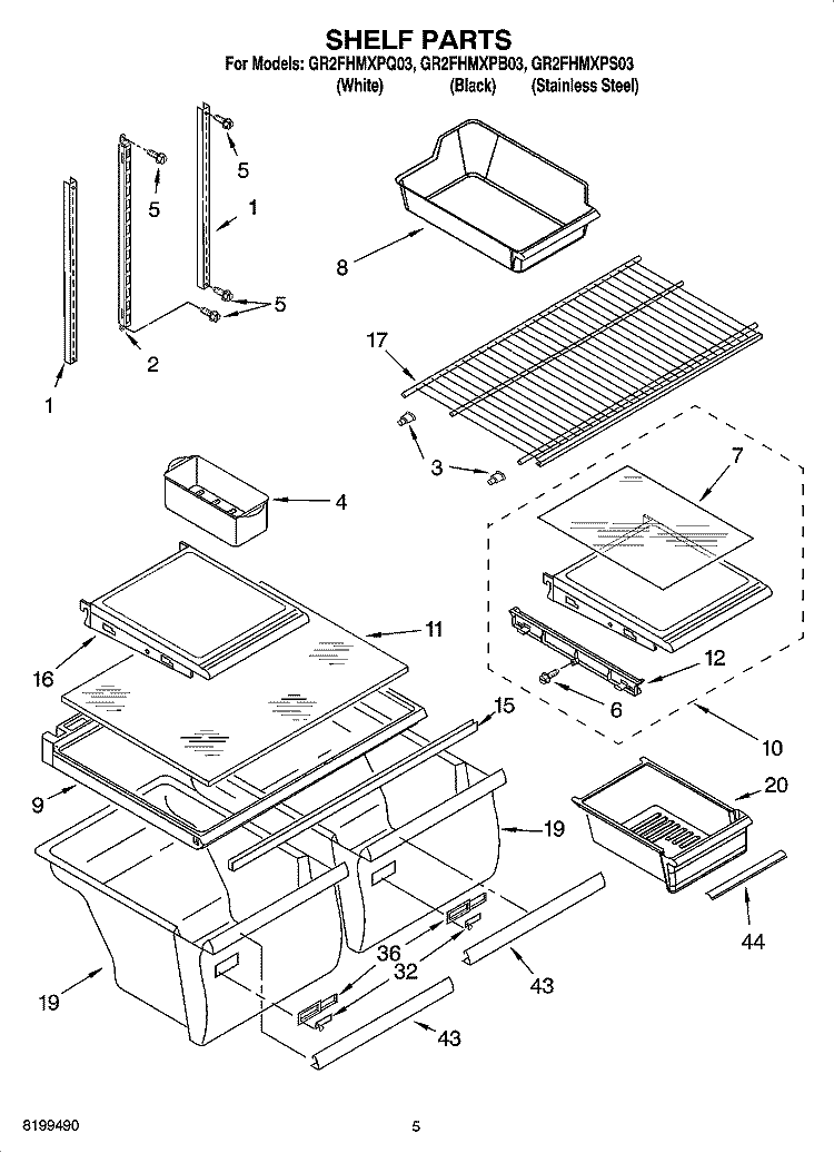 SHELF PARTS Diagram and Parts List for GR2FHMXPB03  Whirlpool Refrigerator