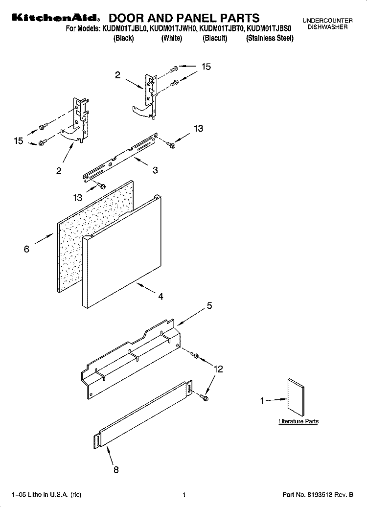 DOOR AND PANEL PARTS Diagram and Parts List for  KitchenAid Dishwasher