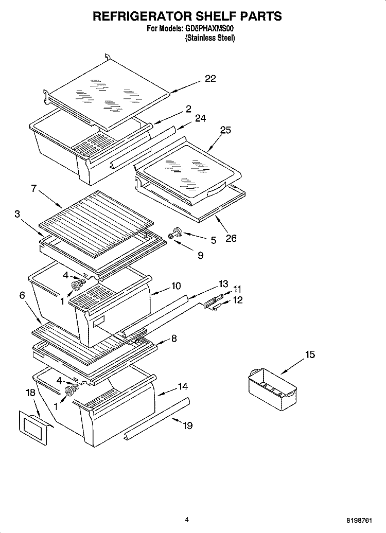 REFRIGERATOR SHELF PARTS Diagram and Parts List for GD5PHAXMS00  Whirlpool Refrigerator