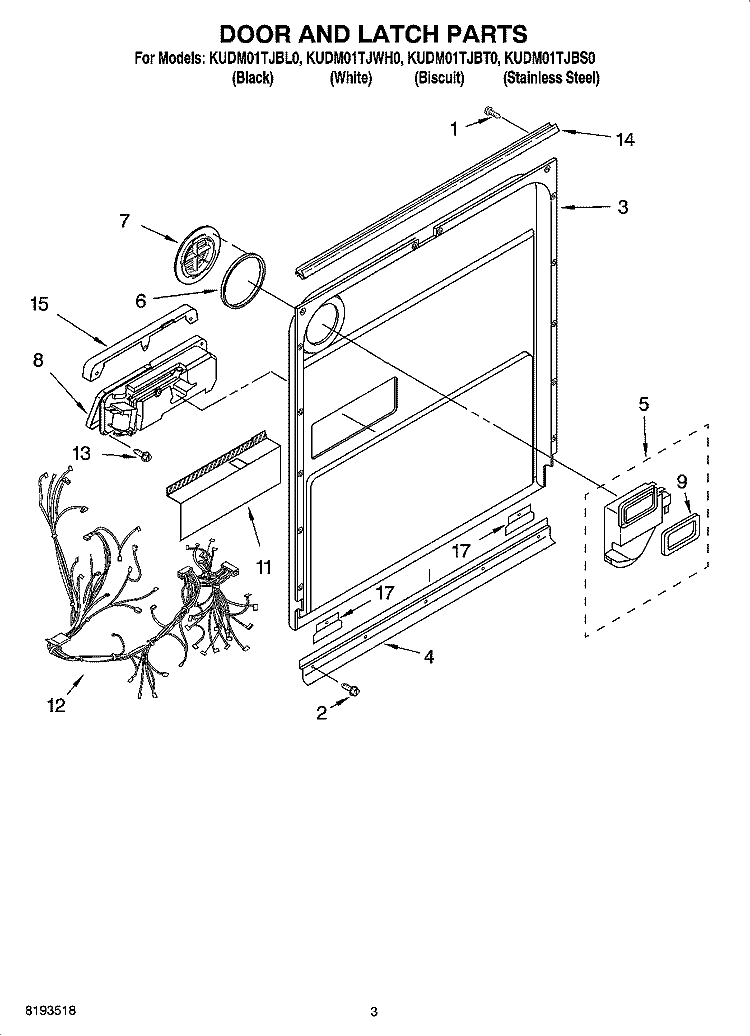 DOOR AND LATCH PARTS Diagram and Parts List for  KitchenAid Dishwasher
