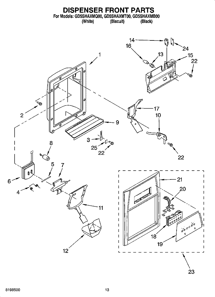 DISPENSER FRONT PARTS Diagram and Parts List for GD5SHAXMB00  Whirlpool Refrigerator