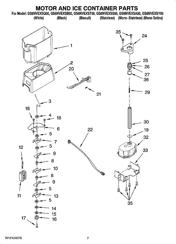 MOTOR AND ICE CONTAINER PARTS Diagram and Parts List for GS6NVEXSB00  Whirlpool Refrigerator