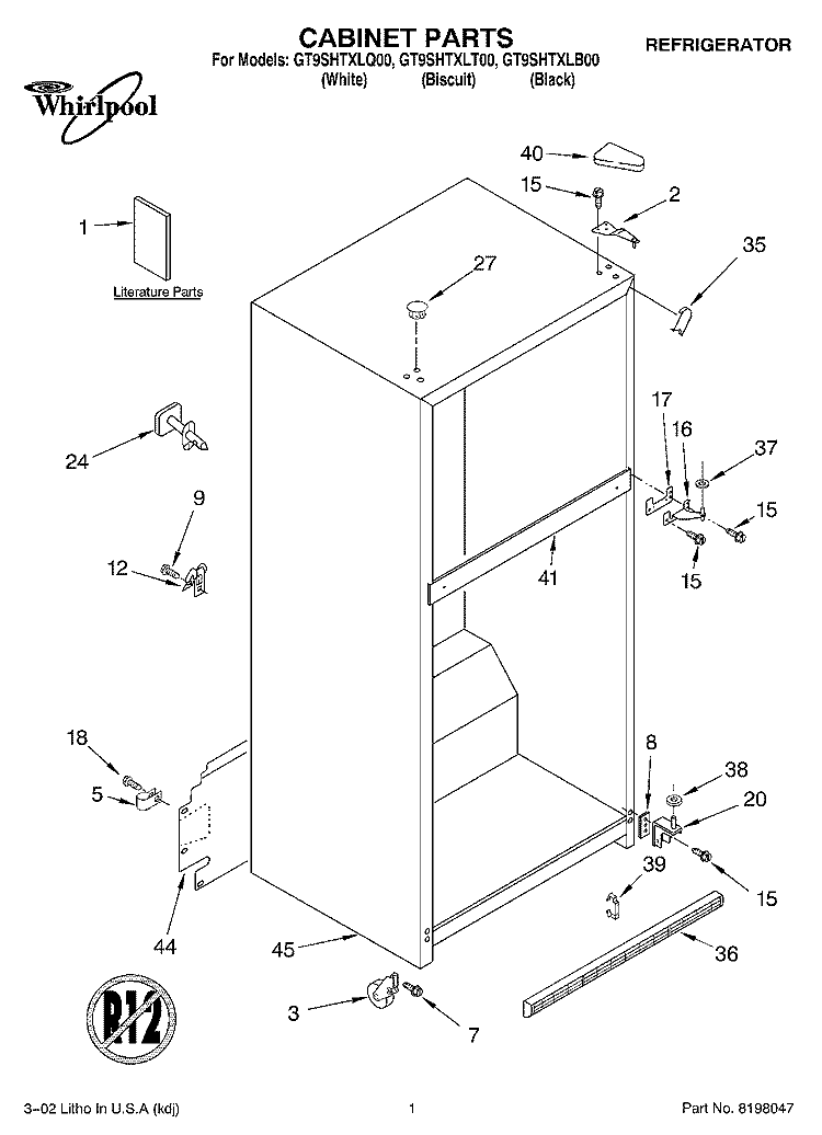 CABINET, LITERATURE Diagram and Parts List for GT9SHTXLT00  Whirlpool Refrigerator