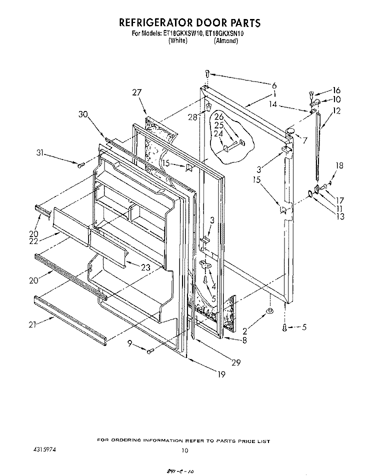 REFRIGERATOR DOOR , LIT/OPTIONAL Diagram and Parts List for ET18GKXSW10  Whirlpool Refrigerator