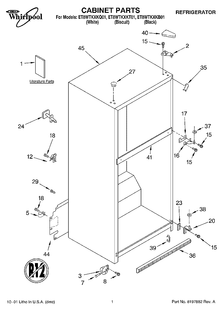 CABINET, LITERATURE Diagram and Parts List for ET8WTKXKQ01  Whirlpool Refrigerator