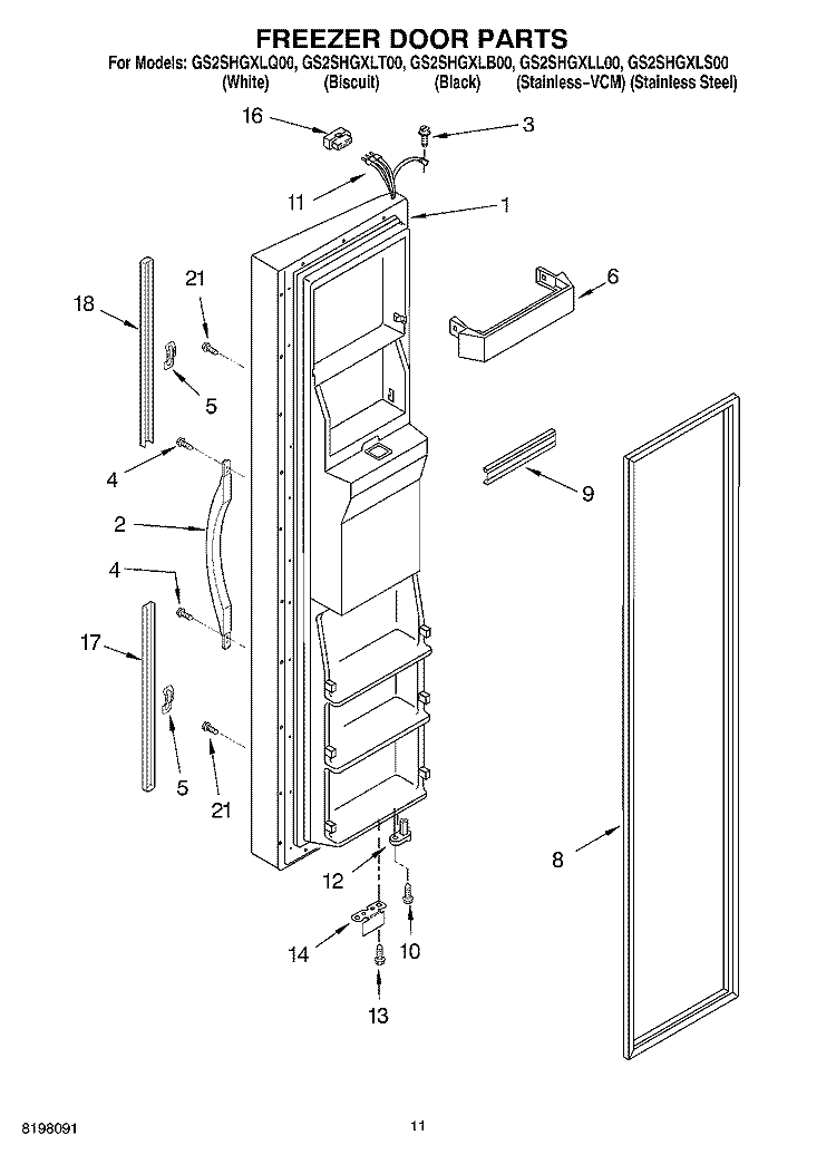 FREEZER DOOR Diagram and Parts List for GS2SHGXLS00  Whirlpool Refrigerator