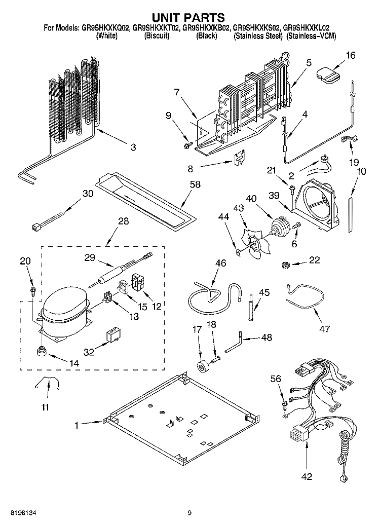 UNIT Diagram and Parts List for GR9SHKXKL02  Whirlpool Refrigerator