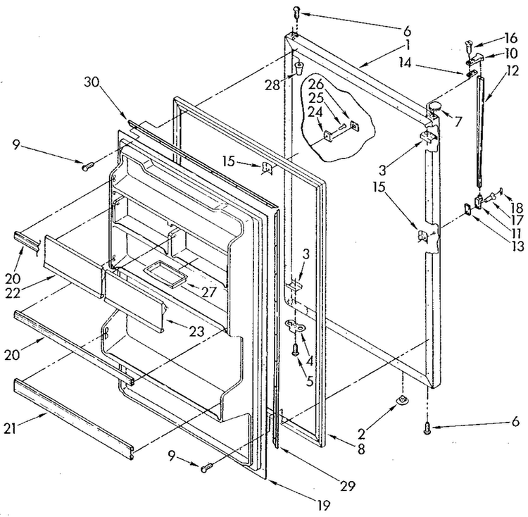Refrigerator Door Diagram and Parts List for ET18GKXSN05  Whirlpool Refrigerator