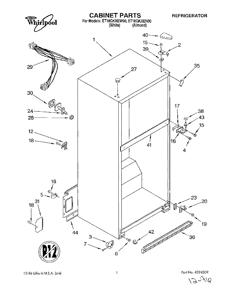 CABINET Diagram and Parts List for ET18GKXEN00  Whirlpool Refrigerator