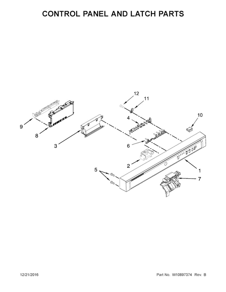Control Panel And Latch Parts Diagram and Parts List for  Whirlpool Dishwasher