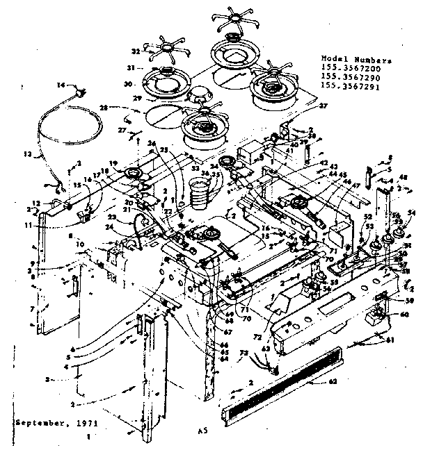 Top Section And Outer Body Diagram and Parts List for 1553567290  Kenmore Range