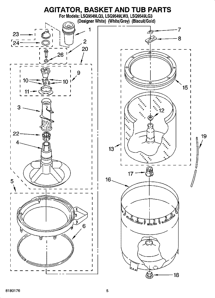 AGITATOR, BASKET AND TUB PARTS Diagram and Parts List for  Whirlpool Washer