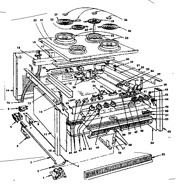 Top Section And Outer Body Parts Diagram and Parts List for 1554557040  Kenmore Range
