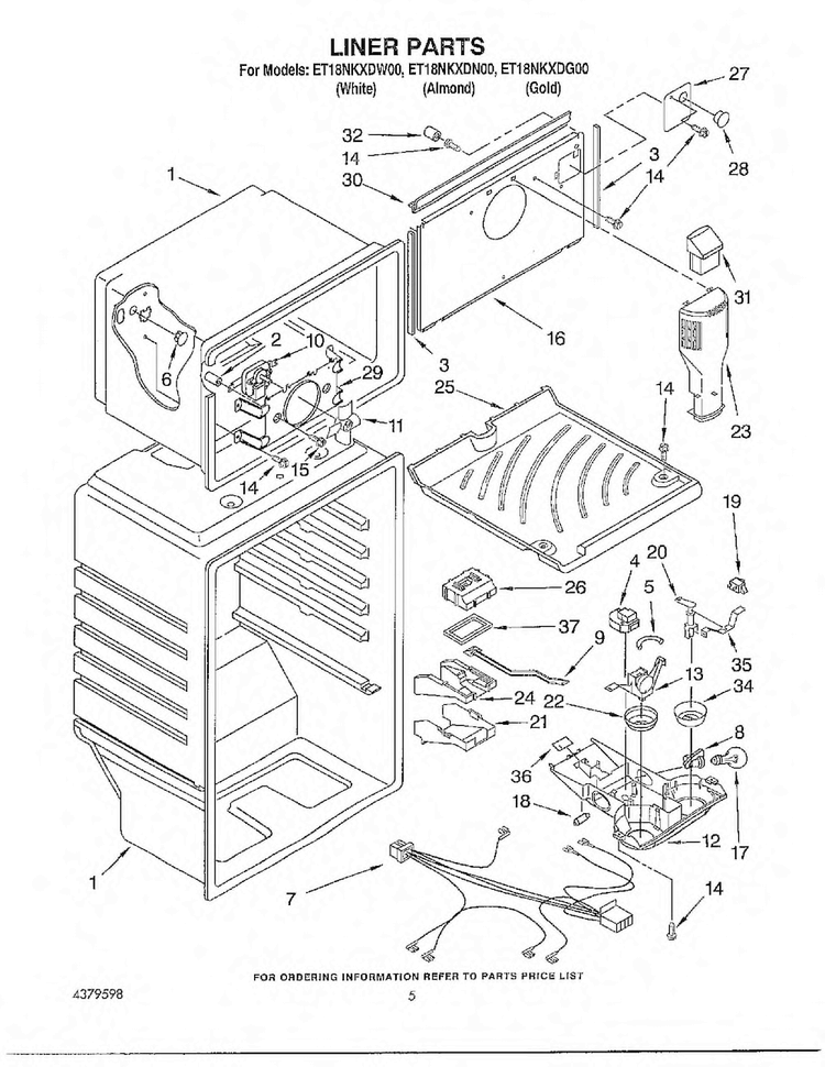 Liner Parts Diagram and Parts List for ET18NKDN00  Whirlpool Refrigerator