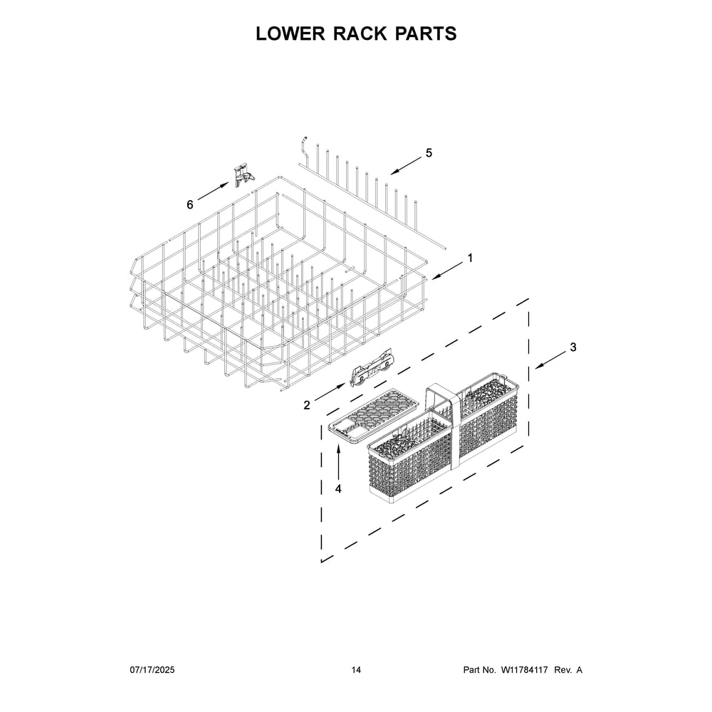 Lower Rack Parts Diagram and Parts List for  KitchenAid Dishwasher