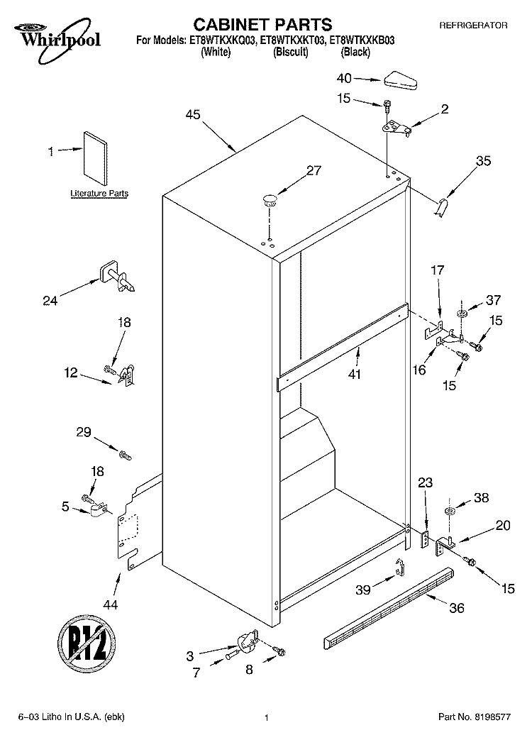 CABINET PARTS Diagram and Parts List for ET8WTKXKT03  Whirlpool Refrigerator
