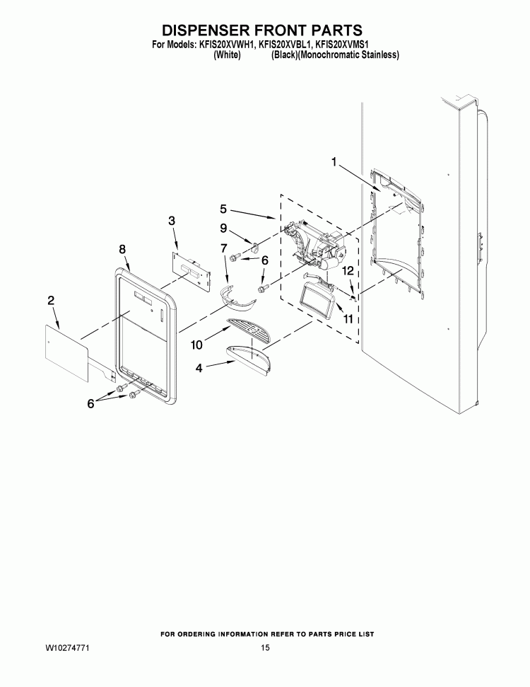 DISPENSER FRONT PARTS Diagram and Parts List for  KitchenAid Refrigerator