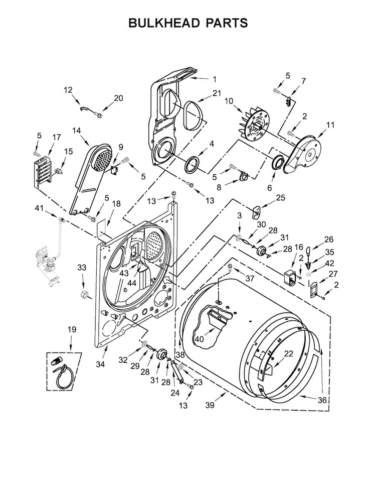 Bulkhead Parts Diagram and Parts List for  Whirlpool Dryer