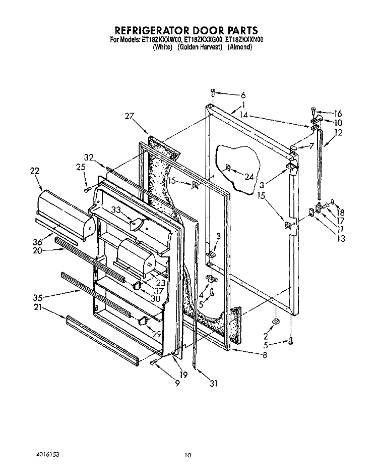 REFRIGERATOR DOOR, LIT/OPTIONAL Diagram and Parts List for ET18ZKXXG00  Whirlpool Refrigerator