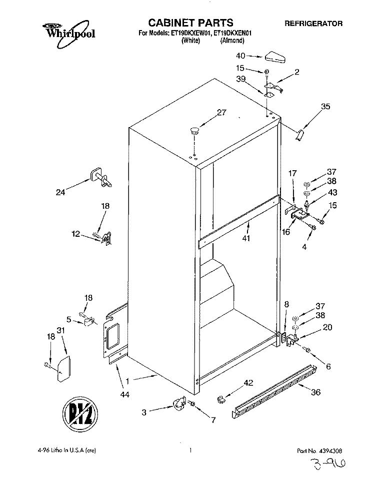 CABINET Diagram and Parts List for ET19DKXEN01  Whirlpool Refrigerator