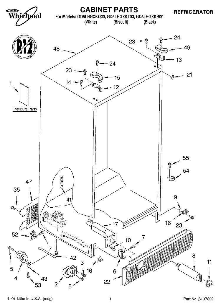 CABINET, LITERATURE Diagram and Parts List for GD5LHGXKB00  Whirlpool Refrigerator