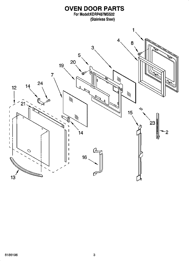 OVEN DOOR PARTS Diagram and Parts List for  KitchenAid Range