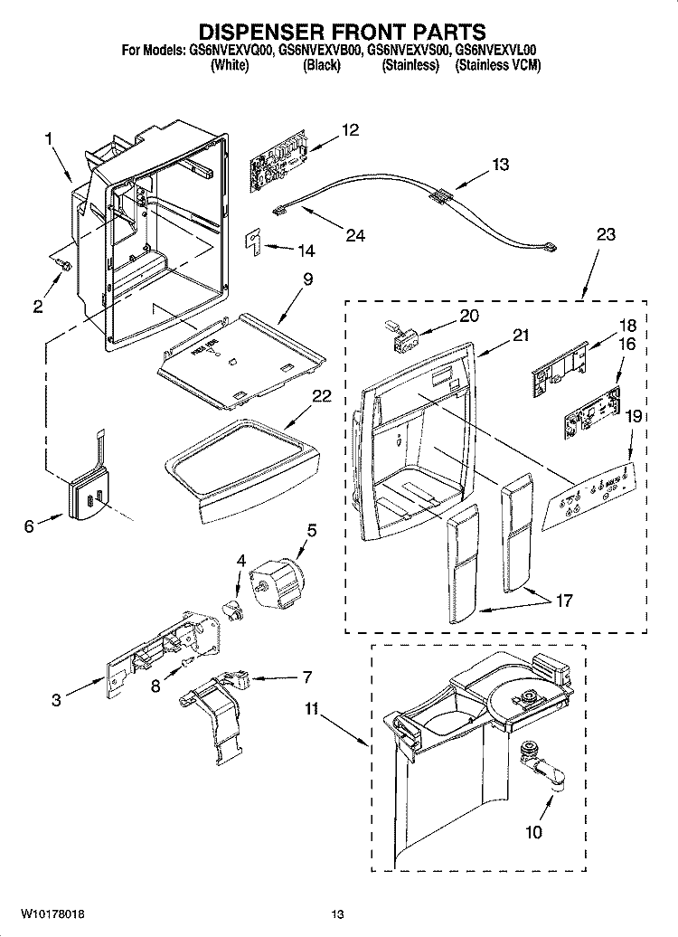 DISPENSER FRONT PARTS Diagram and Parts List for GS6NVEXVS00  Whirlpool Refrigerator