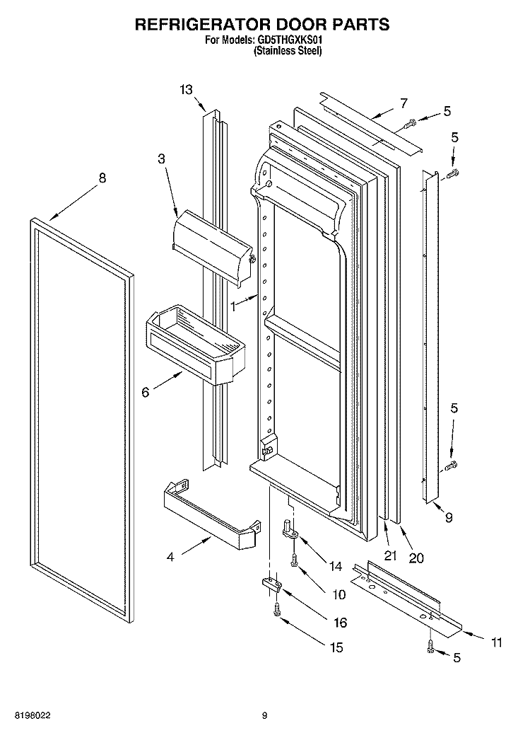 REFRIGERATOR DOOR Diagram and Parts List for GD5THGXKS01  Whirlpool Refrigerator