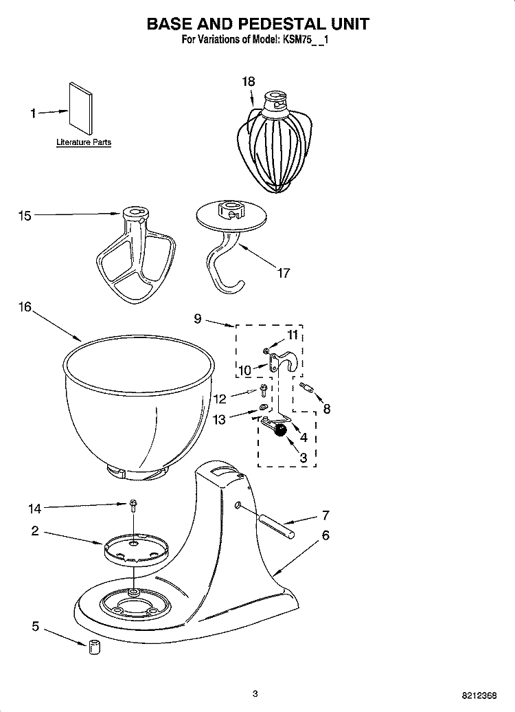 BASE AND PEDESTAL UNIT Diagram and Parts List for  KitchenAid Mixer