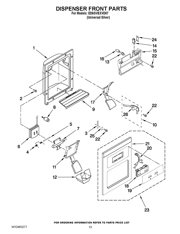 DISPENSER FRONT PARTS Diagram and Parts List for  Whirlpool Refrigerator