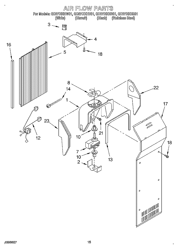 AIR FLOW Diagram and Parts List for GD27DIXHT01  Whirlpool Refrigerator