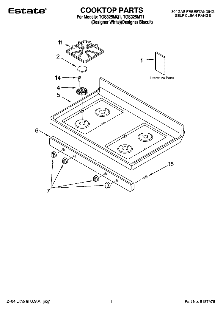 COOKTOP PARTS Diagram and Parts List for TGS325MT1  Estate Range