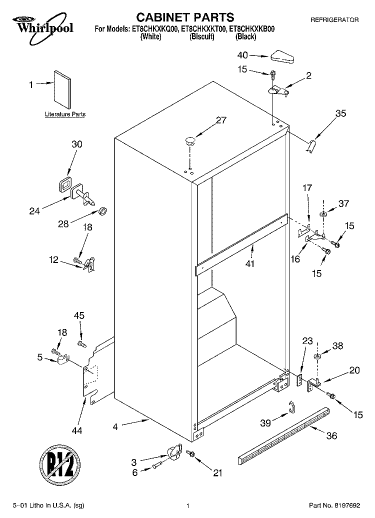 CABINET, LITERATURE Diagram and Parts List for ET8CHKXKT00  Whirlpool Refrigerator