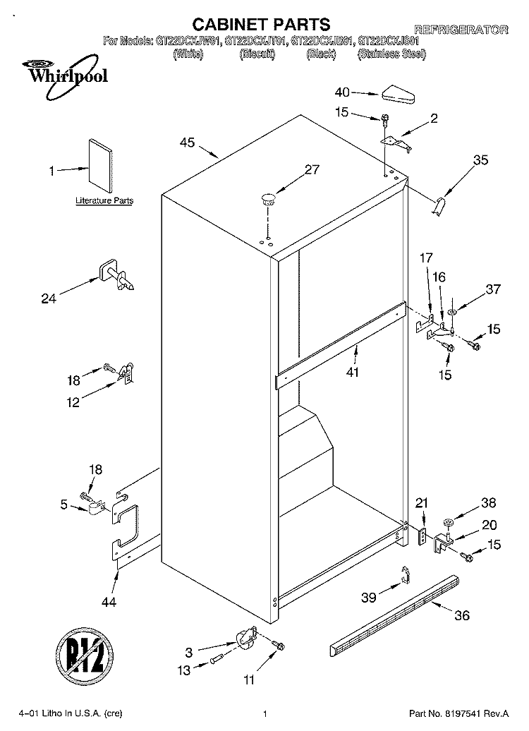 CABINET, LITERATURE Diagram and Parts List for GT22DCXJB01  Whirlpool Refrigerator