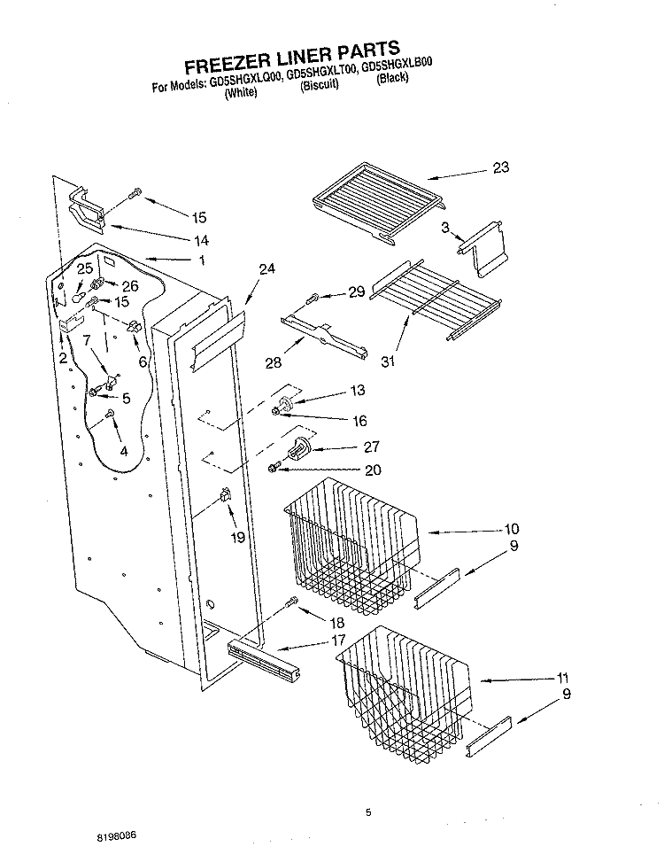 FREEZER LINER Diagram and Parts List for GD5SHGXLQ00  Whirlpool Refrigerator